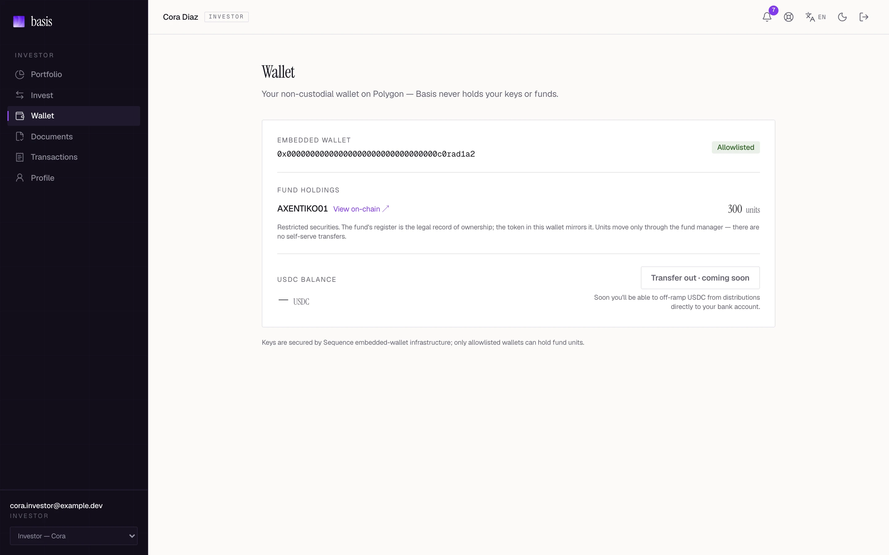 An LP's verified ownership record on Basis, with an independent verification link