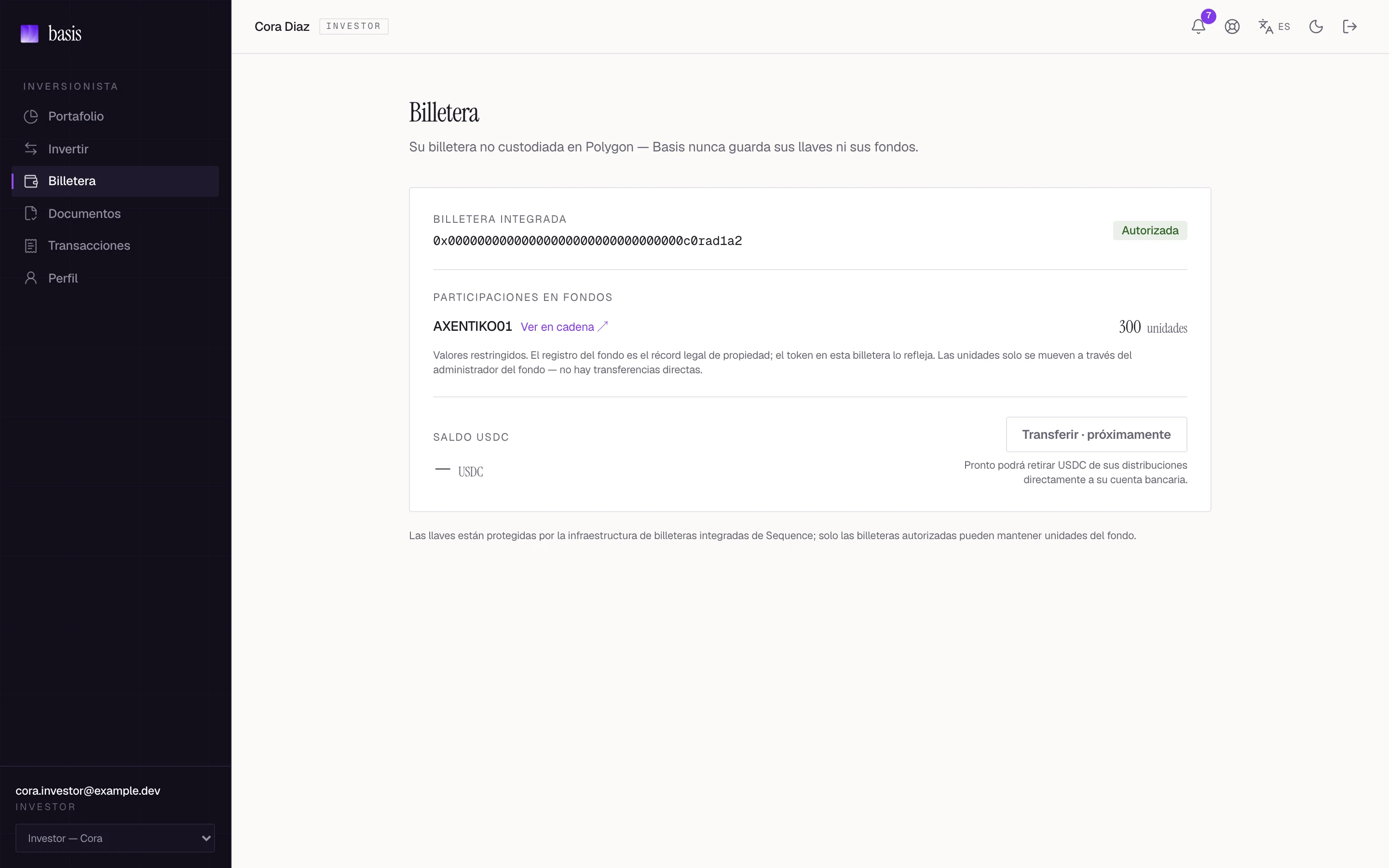 El registro de propiedad verificado de un inversionista en Basis, con un enlace de verificación independiente